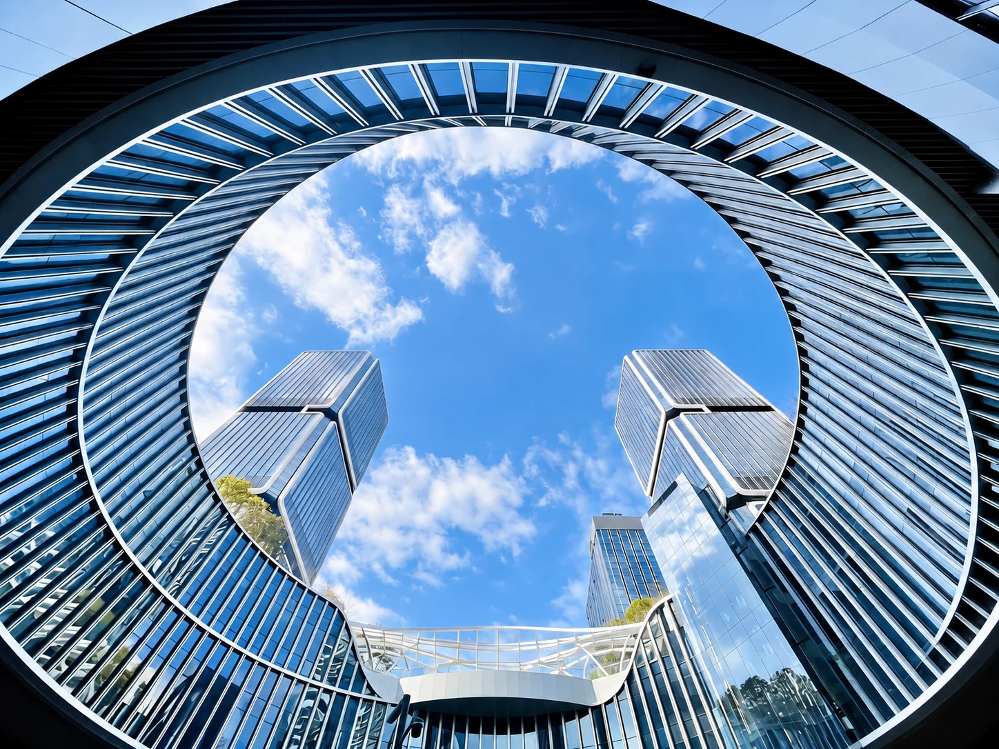 Looking up through a circular courtyard at modern glass towers and a blue sky.