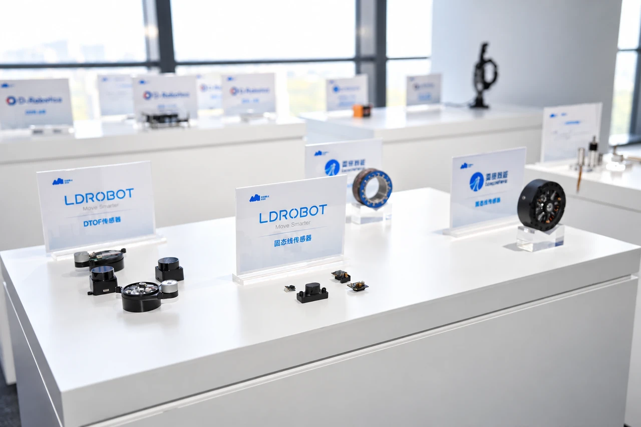 Robotics components arranged on a showroom demonstration counter.